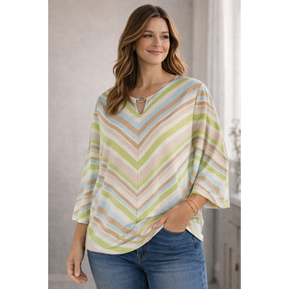 Allison Daley Petite PS Chevron Stripe Top Ring Neck 3/4 Sleeve Stretch Shirt